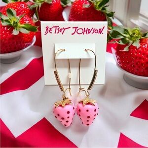 Betsey Johnson Hanging Pink/Red Strawberry Gem Drop Earrings NWT